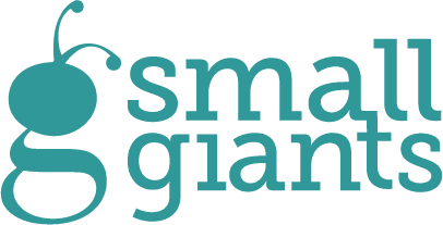 Logo for "small giants" featuring a stylized lowercase "g" with antennae resembling an insect, followed by the words "small giants" in lowercase letters.