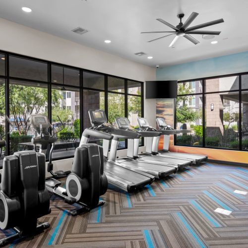 A modern gym with several treadmills, stationary bikes, large windows, and a ceiling fan, featuring natural light and a patterned carpet.