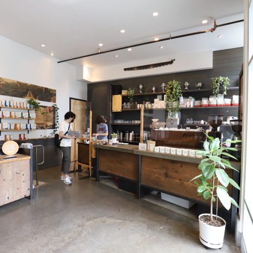 Two people are inside a modern coffee shop; one is behind the counter preparing drinks, while the other stands nearby. Shelves with mugs, plants, and art decorate the space.