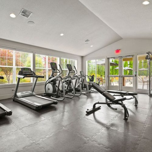 A gym room with treadmills, elliptical machines, a weight bench, and strength equipment, featuring large windows and a view of an outdoor patio.